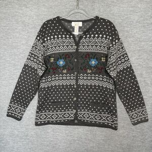 Vintage Tally Ho Sweater Cardigan Nordic Fair Isle Gray Women Size Medium Floral